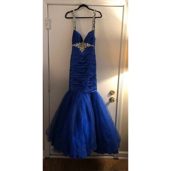 GORGEOUS PREOWNED VINTAGE BLUE MORI LEE MERMAID TULLE CRYSTAL BEADED GOWN SZ 8 - Picture 7 of 13